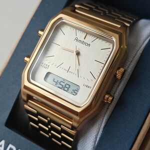 Armitron Gold Tone Analog Digital Mens Retro Wrist Watch Square Stainless Steel